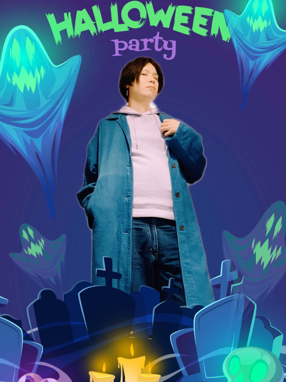 「デニム、パーカー、オーバーサイズ、青、ビックシルエット、秋服、ゆるコーデ、今日のコーデ、wearhalloween2021」｜「no brandのアイテム（チェスターコート、ブルー系）」を使った、minoさん（メンズ・178cm）の秋コーディネートの1枚目の写真