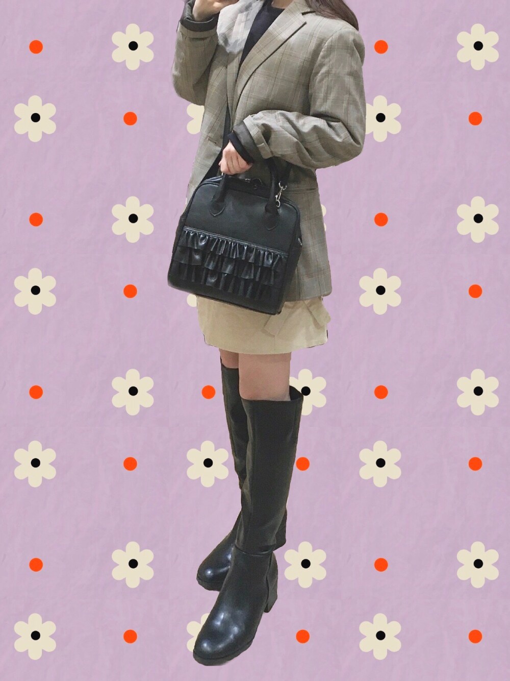 「merry jenny、メリージェニー、ジーユー、ジャケット、ジャケットスタイル、メンズアイテム、ミニスカート、ロングブーツ、チェックジャケット、チェック、秋コーデ、autumn、ガーリー、低身長、低身長コーデ」｜「GUのアイテム（テーラードジャケット、ベージュ系）」を使った、みれいさん（レディース・147cm）の秋コーディネートの1枚目の写真