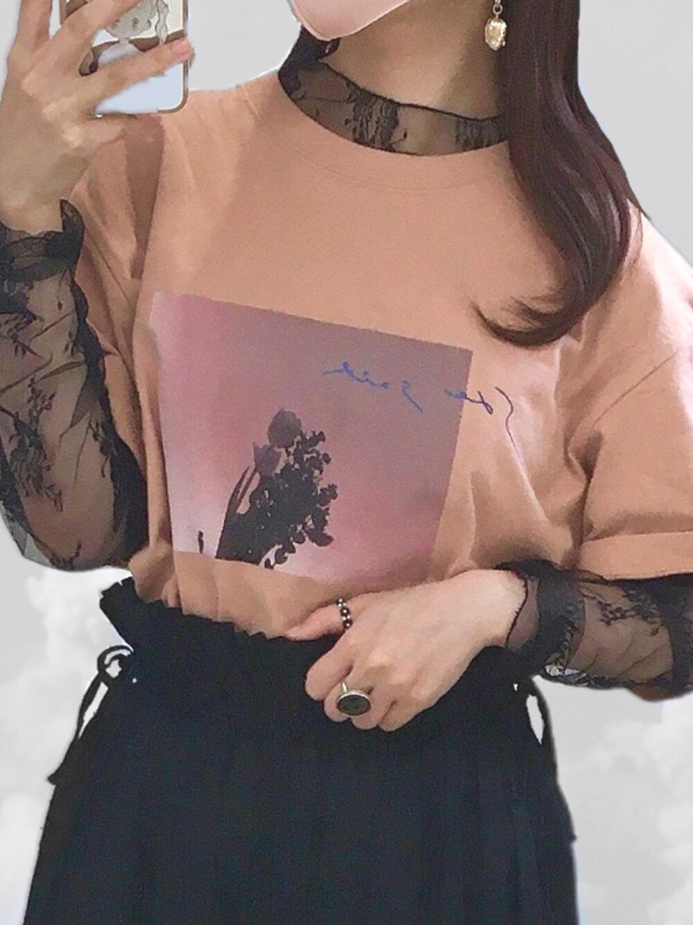 「Tシャツ、merry jenny、ZARA、サンキューマート、lace、summer」｜「merry jennyのshe said photo Tee（Tシャツ/カットソー、ピンク系）」を使った、みれいさん（レディース・147cm）の秋コーディネートの1枚目の写真