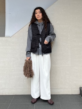 「アイテム（パーカー）」を使った、榎本さん（レディース・156cm）の冬コーディネート