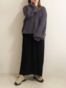 「ケーブルニット」｜「アイテム（モカシン/デッキシューズ）」を使った、ぱ。さん（レディース・150cm）の冬コーディネート