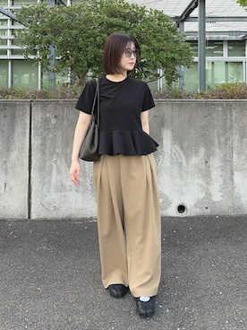 「RANAN（ラナン）の異素材切替ペプラムＴブラウス【接触冷感・UV対策】（シャツ/ブラウス、ブラック系）」を使った、eriさん（レディース・150cm）の秋コーディネート