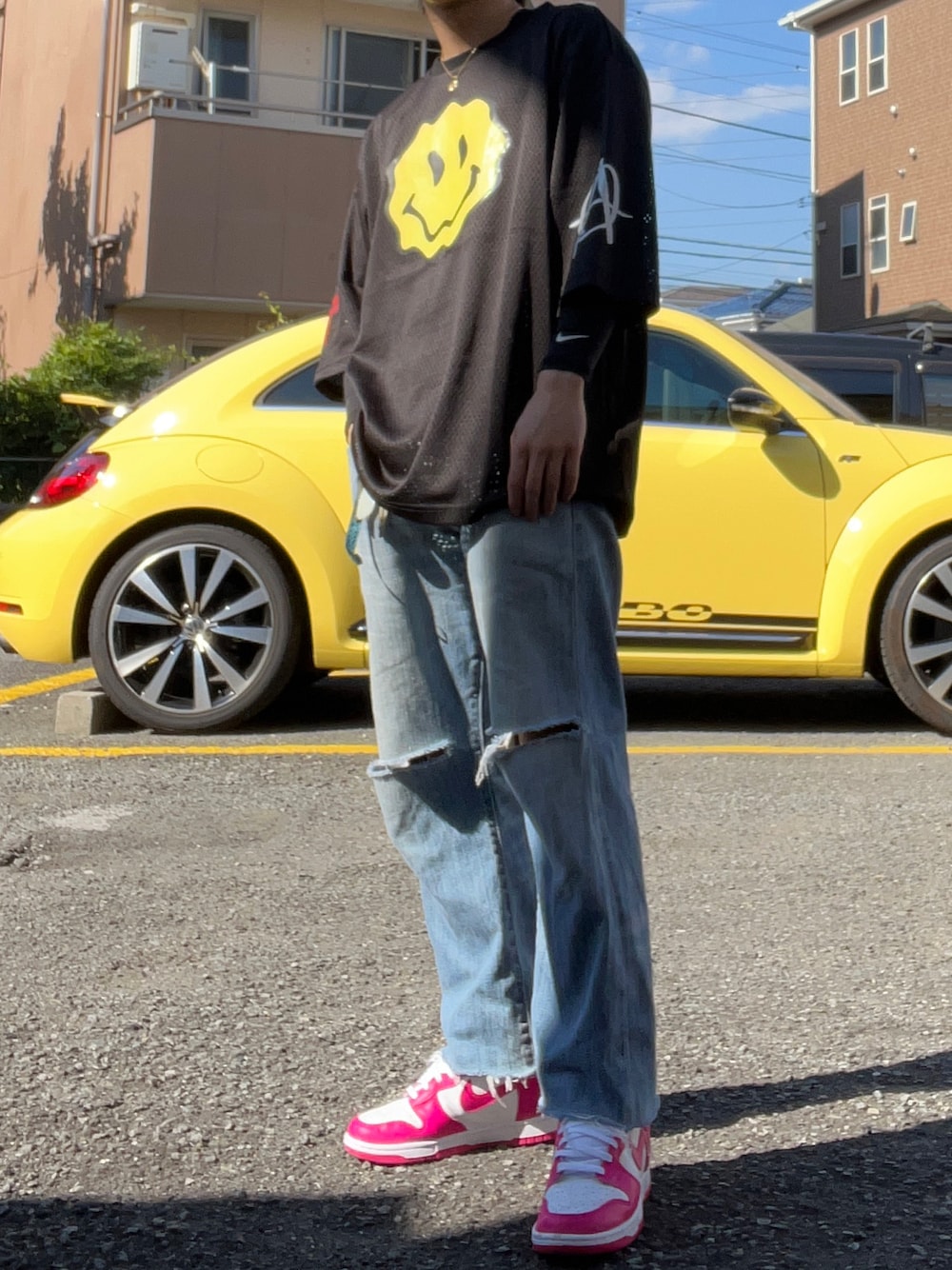 「ストリートコーデ、NIKE、dunk、スニーカー、低身長、黒Tシャツ、スニーカーコーデ、低身長好きと繋がりたい、いいね、save、フォローお願いします🤑、黒」｜「where punkのアイテム（トップス、ブラック系）」を使った、しもりょさん（メンズ・153cm）の夏コーディネートの1枚目の写真