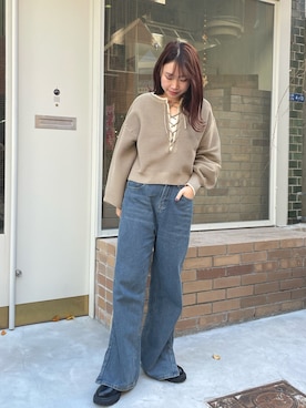 「CLEIO（クレイオ）の【CLEIO】レースアップVネックダンボールニット（ニット/セーター、ベージュ系）」を使った、rkkさん（レディース・162cm）の冬コーディネート