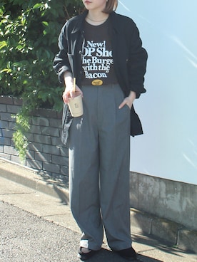 「スラックスパンツ」｜「アイテム（カバーオール）」を使った、fujiさん（レディース・154cm）の秋コーディネート