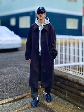 「EMMA CLOTHES（エマクローズ）のアイテム（ステンカラーコート）」を使った、gomiさん（メンズ・176cm）の冬コーディネート