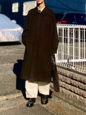 「EMMA CLOTHES（エマクローズ）のアイテム（ステンカラーコート）」を使った、gomiさん（メンズ・176cm）の冬コーディネート
