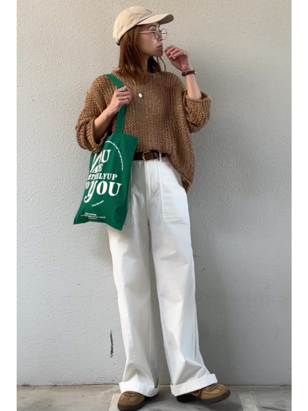 「春コーデ、着回しコーデ、低身長コーデ、春服」｜「SLOBE IENAのLOGAN/ローガン SLOBE別注 メッシュプルオーバー LG-25SS09（ニット/セーター、ベージュ系）」を使った、tomoさん（レディース・153cm）の春コーディネートの1枚目の写真