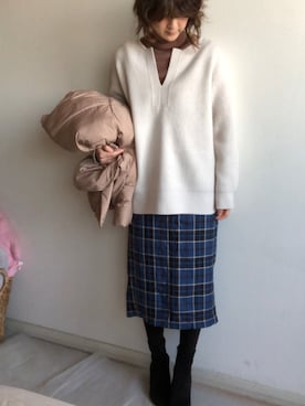 「チェック柄に恋してる」｜「アイテム（ダウンジャケット/コート）」を使った、こっつんこーでさん（レディース・161cm）の冬コーディネート