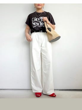 「LibertyDoll（リバティードール）の7cmヒール スクエアVカットサンダル（サンダル、レッド系）」を使った、SACHIさん（レディース・150cm）の夏コーディネート
