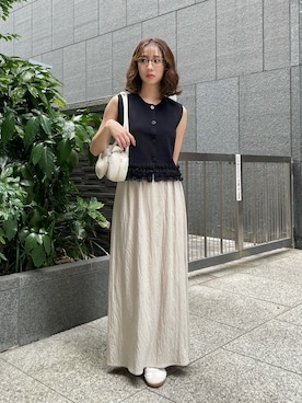 「PROPORTION BODY DRESSING（プロポーションボディドレッシング）の＜ａ＞ノースリーブフリルヘムニット / 1216279700（ニット/セーター、ブラック系）」を使った、Hikariさん（レディース・153cm）の夏コーディネート