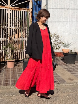 「LOUNGEDRESS（ラウンジドレス）の【INDIA】刺繍ティアードキャミワンピース（ワンピース、レッド系）」を使った、YONEYAMAさん（レディース・165cm）の春コーディネート