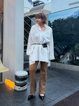 「LOUNGEDRESS（ラウンジドレス）の《体型カバー/1枚でサマになる》チュニックシャツ（シャツ/ブラウス、ホワイト系）」を使った、YONEYAMAさん（レディース・165cm）の秋コーディネート