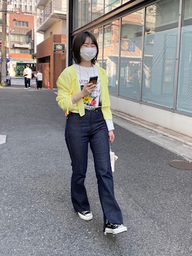 「mystic（ミスティック）のセンターステッチフレアデニム（デニムパンツ）」を使った、shitomiさん（レディース・156cm）の春コーディネート