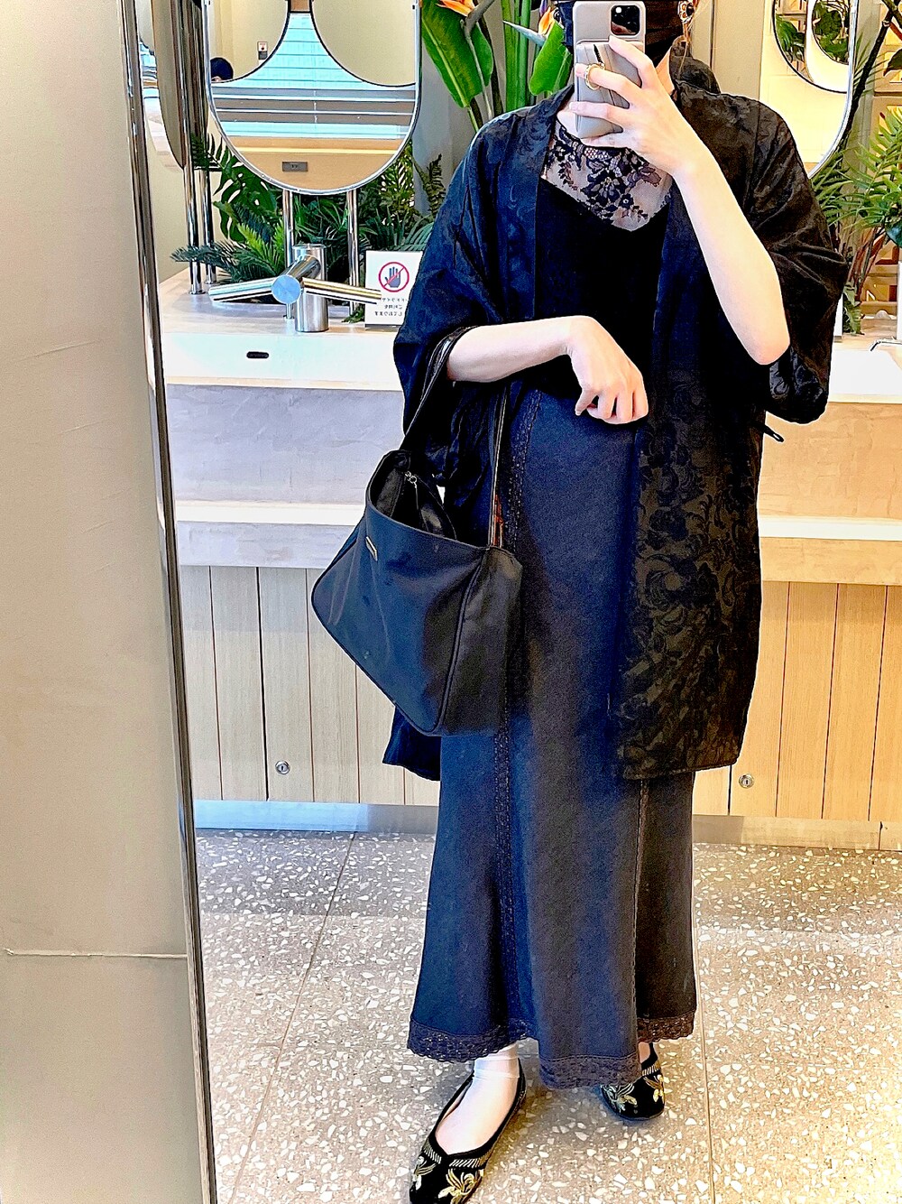 「着物、オールブラック、黒、チャイナシューズ、シースルー、羽織り、夏コーデ、MICHIKO LONDON」｜「MICHIKO LONDONのアイテム（バッグ、ブラック系）」を使った、かりんとうさん（レディース・162cm）の夏コーディネートの1枚目の写真