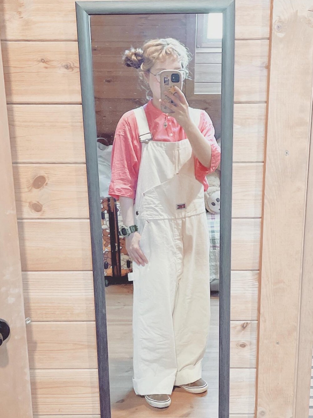 「夏服、古着、オーバーオール、BIGMAC、ピンク、バンドカラーシャツ、メガネ女子、vans」｜「niko and...のプレミアムローン6分袖シャツ（シャツ/ブラウス、ピンク系）」を使った、るんさん（レディース・153cm）の夏コーディネートの1枚目の写真
