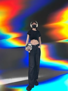 「PAZZO（パッゾ）の舒適休閒雲朵修身上衣(砂洗)（Tシャツ/カットソー、ブラック系）」を使った、121さん（レディース・162cm）の夏コーディネート
