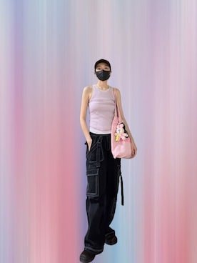 「PAZZO（パッゾ）の透紗羅紋圓弧削肩BRA TOP（タンクトップ、その他）」を使った、121さん（レディース・162cm）の夏コーディネート
