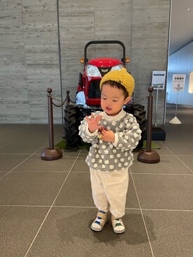 「petit main（プティマイン）のアイテム（ニットキャップ/ビーニー）」を使った、SYUさん（キッズ・80cm）の冬コーディネート