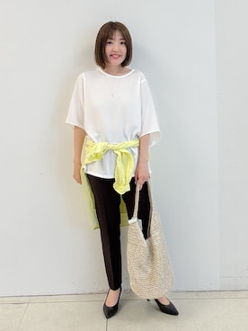 「INDIVI（インディヴィ）の【洗える／2WAY／裾ドロスト付き】 ドルマンスリーブチュニックトップス（Tシャツ/カットソー、ホワイト系）」を使った、yoshiyaさん（レディース・155cm）の春コーディネート