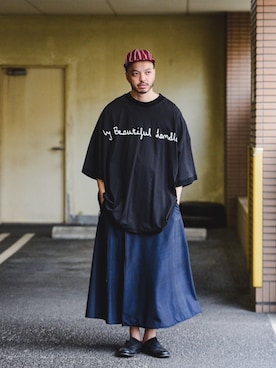 「my beautiful landlet（マイビューティフルランドレット）のアイテム（トップス）」を使った、トヲルさん（メンズ・180cm）の夏コーディネート
