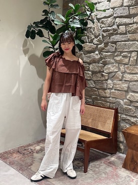 「アイテム（シャツ/ブラウス、ブラウン系）」を使った、yuuka520さん（レディース・155cm）の夏コーディネート