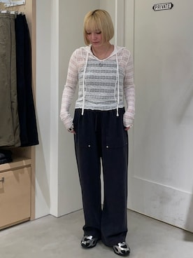「CIAOPANIC TYPY（チャオパニックティピー）の【UNISEX】【シルエット調整可】ピグメント加工ワッフルイージーパンツ/WEB限定カラーあり（スウェットパンツ、ブラック系）」を使った、himechanyuさん（レディース・161cm）の夏コーディネート