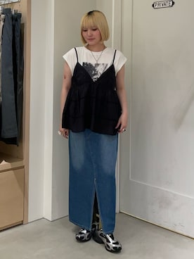 「CIAOPANIC TYPY（チャオパニックティピー）の【夏も快適/ドライタッチ】アソートフォトプリントフレンチスリーブTee（Tシャツ/カットソー、ホワイト系）」を使った、himechanyuさん（レディース・161cm）の夏コーディネート