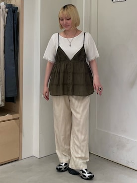 「CIAOPANIC TYPY（チャオパニックティピー）の【接触冷感/5サイズ展開】テックリネンウエスト紐ベルトワイドイージースラックス（その他パンツ、ホワイト系）」を使った、himechanyuさん（レディース・161cm）の夏コーディネート