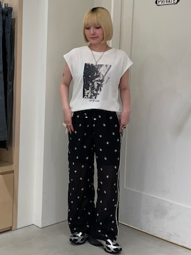 「CIAOPANIC TYPY（チャオパニックティピー）の【夏も快適/ドライタッチ】アソートフォトプリントフレンチスリーブTee（Tシャツ/カットソー、ホワイト系）」を使った、himechanyuさん（レディース・161cm）の夏コーディネート