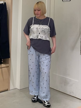 「CIAOPANIC TYPY（チャオパニックティピー）の【さらっと快適/ドライタッチ】アソートフォトプリント半袖Tee（Tシャツ/カットソー、グレー系）」を使った、himechanyuさん（レディース・161cm）の夏コーディネート