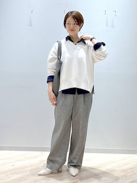 「GLOBAL WORK（グローバルワーク）のイージーケアリネンストレートパンツ/600994（その他パンツ、グレー系）」を使った、miinoさん（レディース・152cm）の春コーディネート