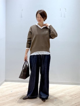 「GLOBAL WORK（グローバルワーク）のストレッチ総レースフーディー/1054133（Tシャツ/カットソー、ホワイト系）」を使った、miinoさん（レディース・152cm）の秋コーディネート