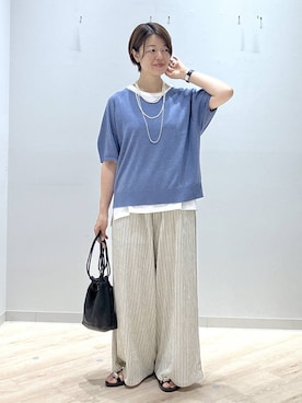 「GLOBAL WORK（グローバルワーク）のリネン混ニット2WAYプルオーバー半袖/147712（Tシャツ/カットソー、ブルー系）」を使った、miinoさん（レディース・152cm）の夏コーディネート
