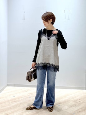 「GLOBAL WORK（グローバルワーク）のシルクブレンドクループルオーバー長袖/1051637（Tシャツ/カットソー、ブラック系）」を使った、miinoさん（レディース・152cm）の秋コーディネート