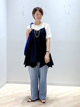 「GLOBAL WORK（グローバルワーク）のアシメヘムキャミチュニック/1017796（シャツ/ブラウス、ブラック系）」を使った、miinoさん（レディース・152cm）の夏コーディネート