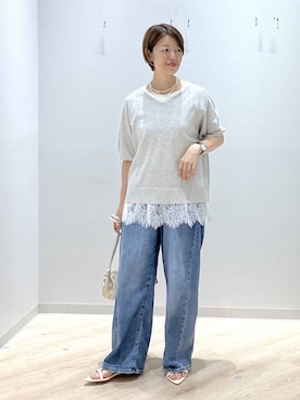 「GLOBAL WORK（グローバルワーク）のリネン混ニット2WAYプルオーバー半袖/147712（Tシャツ/カットソー、グレー系）」を使った、miinoさん（レディース・152cm）の夏コーディネート