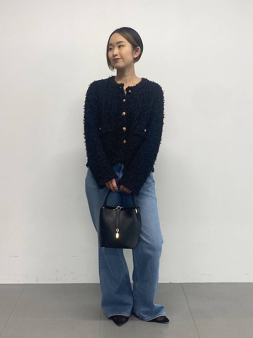 美品✨BABYLONE ツイードニットジャケット　ネイビー　フリーサイズ ツイードニットジャケット（ノーカラージャケット）｜BABYLONE