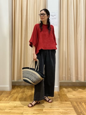 「かぐれ（カグレ）のリネンコットンフレアプルオーバー（シャツ/ブラウス、レッド系）」を使った、kimmyさん（レディース・168cm）の夏コーディネート