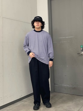 「FORK&SPOON(フォークアンドスプーン)のFORK&SPOON プレーティングボーダーロングスリーブTシャツ(Tシャツ/カットソー、パープル系)」を使った、Hirotoさん(メンズ・178cm)の夏コーディネート