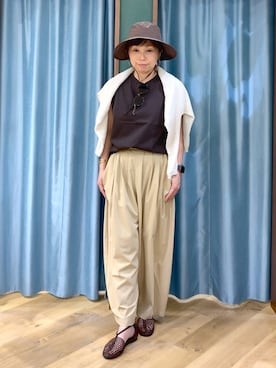 「BARNYARDSTORM（バンヤードストーム）のBARNYARDSTORM / GIZAコットンノースリプルオーバー【汗染み軽減】（Tシャツ/カットソー、ブラウン系）」を使った、さやふじさん（レディース・158cm）の春コーディネート