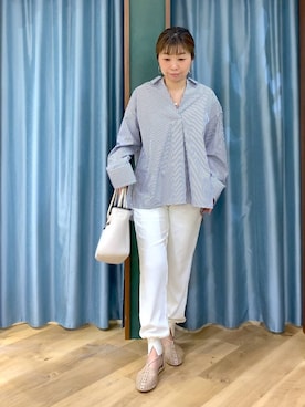 「BARNYARDSTORM（バンヤードストーム）のBARNYARDSTORM / スタンダードスキッパーシャツ【接触冷感・UVカット】（シャツ/ブラウス、ブルー系）」を使った、さやふじさん（レディース・158cm）の春コーディネート