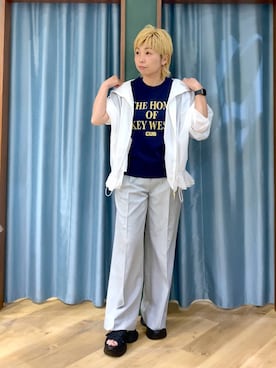 「BARNYARDSTORM（バンヤードストーム）のBARNYARDSTORM / BIGロゴＴシャツ/マシンウォッシャブル（Tシャツ/カットソー、ブルー系）」を使った、さやふじさん（レディース・158cm）の夏コーディネート