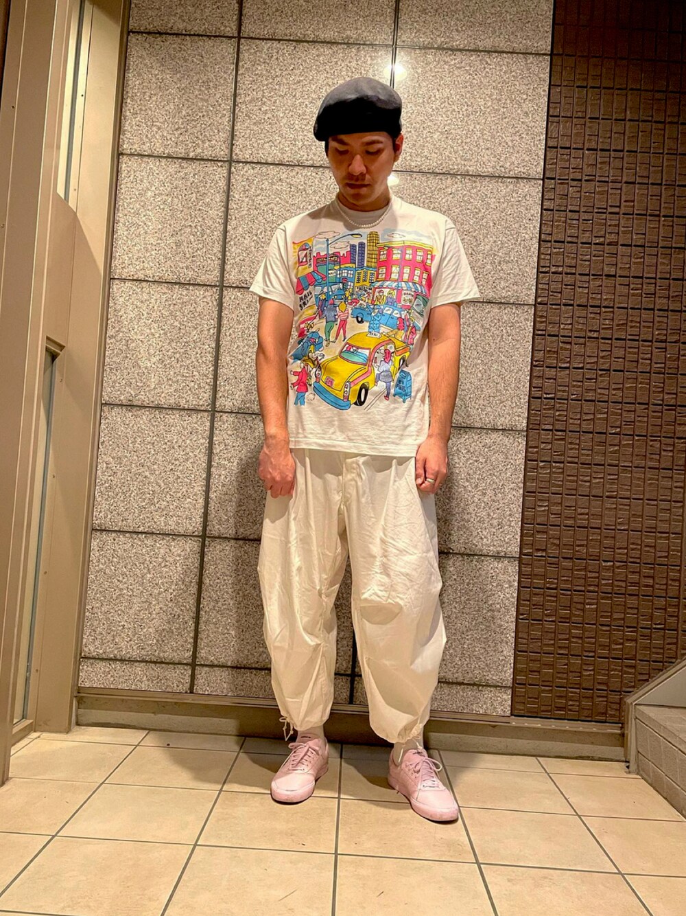 「CA4LA、adidas、スニーカーコーデ、アディダス、パールネックレス、モンキータイム、ootd、カシラ、ポエム、おしゃれさんと繋がりたい、thepoem、snowcamo、スノーカモパンツ、秋のトレンド2021」｜「CA4LAのアイテム（ハンチング/ベレー帽、ブラック系）」を使った、takayoichiさん（メンズ・187cm）の秋コーディネートの1枚目の写真