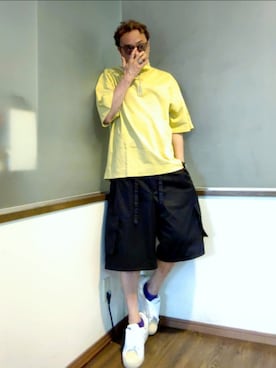 「MAISON SPECIAL（メゾンスペシャル）のプライムビッグハーフジップカットソー 【MAISON SPECIAL/メゾンスペシャル】（Tシャツ/カットソー、イエロー系）」を使った、P３さん（メンズ・178cm）の夏コーディネート