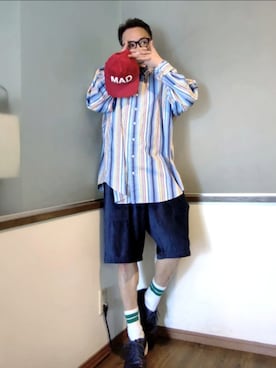 「POLO RALPH LAUREN（ポロ ラルフ ローレン）の 古着 マルチカラーストライプ XXL（シャツ/ブラウス、その他）」を使った、P３さん（メンズ・178cm）の夏コーディネート