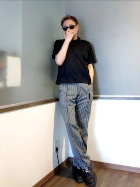 「SELLE GLANT（セレグランテ）のSEAM DESIGN KANOKO POLO SHIRT/シームデザインカノコポロシャツ（ポロシャツ、ブラック系）」を使った、P３さん（メンズ・178cm）の夏コーディネート