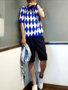「thisisneverthat（ディスイズネバーザット）のArgyle S/S Knit Polo（ニット/セーター、ブルー系）」を使った、P３さん（メンズ・178cm）の夏コーディネート