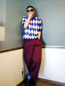 「thisisneverthat（ディスイズネバーザット）のArgyle S/S Knit Polo（ニット/セーター、ブルー系）」を使った、P３さん（メンズ・178cm）の夏コーディネート
