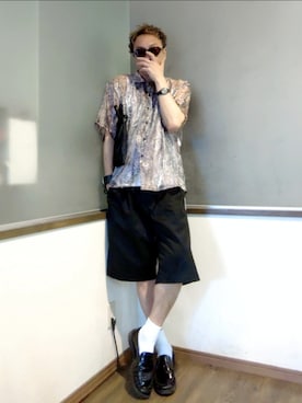 「minsobi（ミンソビ）のペイズリー柄シースルーシャツ（シャツ/ブラウス、レッド系）」を使った、P３さん（メンズ・178cm）の夏コーディネート